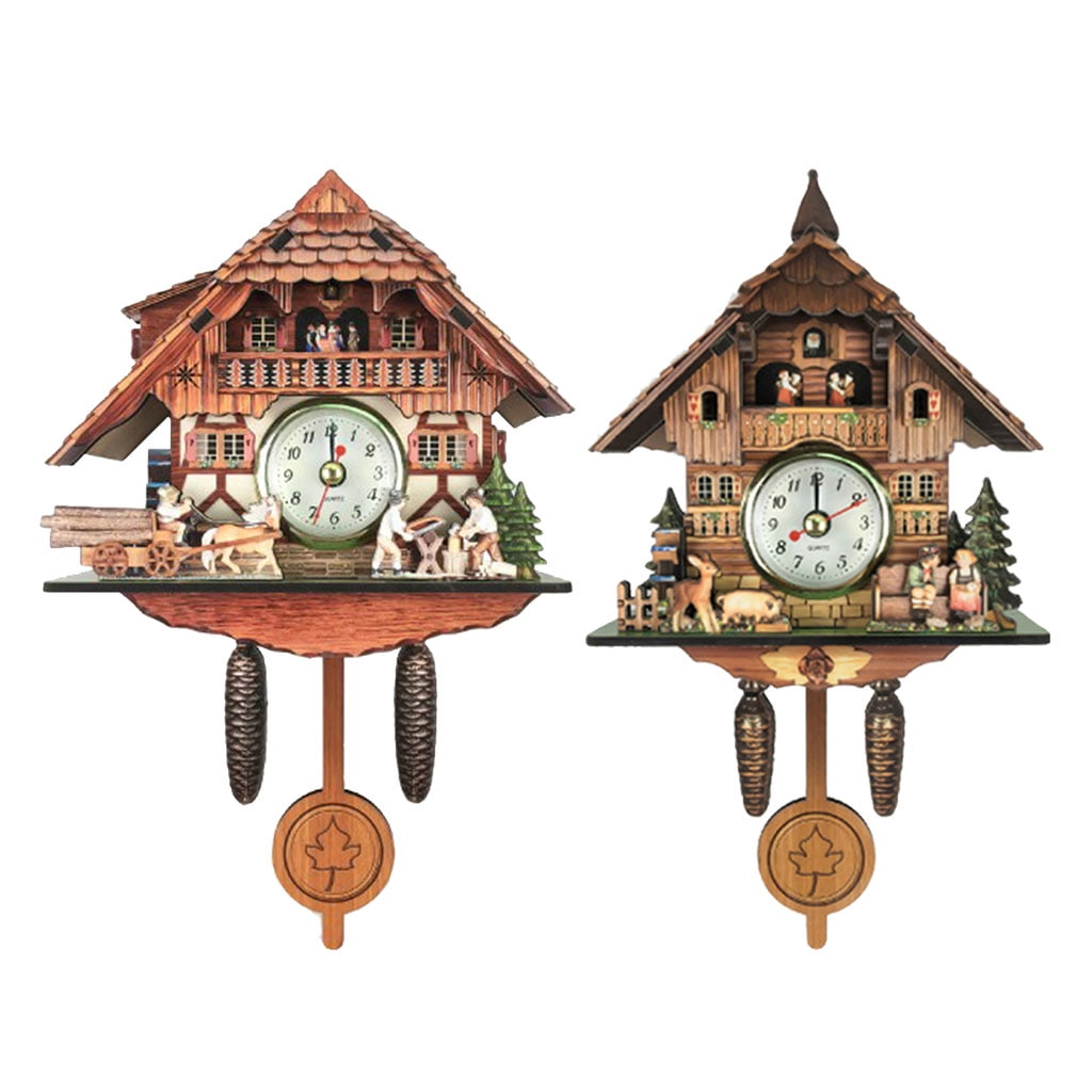 Wooden Retro Cuckoo Clock Quartz Battery Powered Wall Clocks Pendulum Clock 
