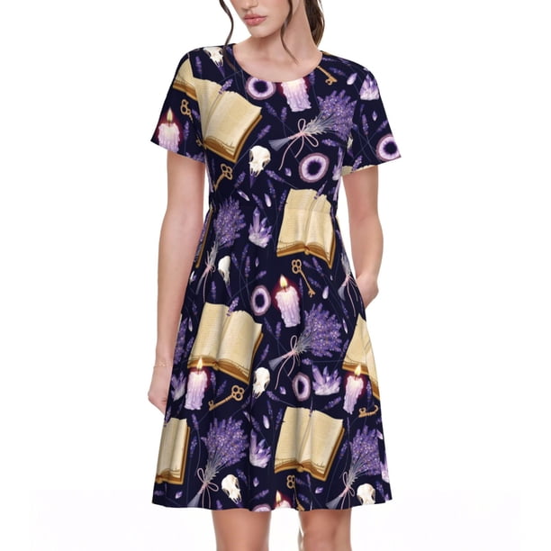 Balery Lavender Flowers Vestidos sueltos de manga corta para mujer, vestidos de verano 2025, vestidos casuales de corte A con vuelo.