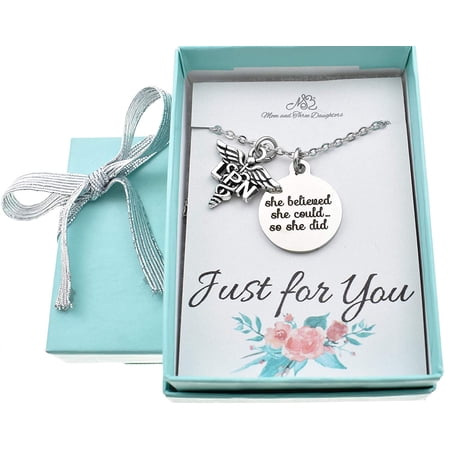 Licensed Practical Nurse (LPN) Graduation Gift Necklace with tag that reads 'She Believed She Could So She Did' with LPN Caduceus charm. on an 18" stainless steel chain +2" extender.