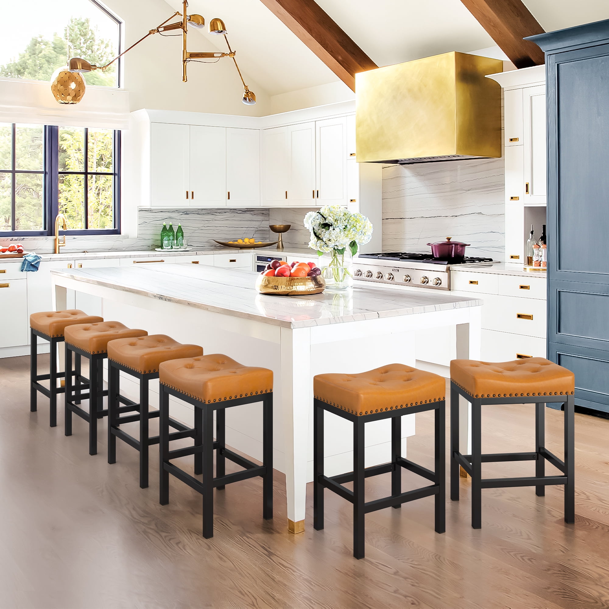 Dycanpo 24” Saddle Bar Stools Set of 3 with Modern Metal Legs, for Home Kitchen, Whiskey Brown