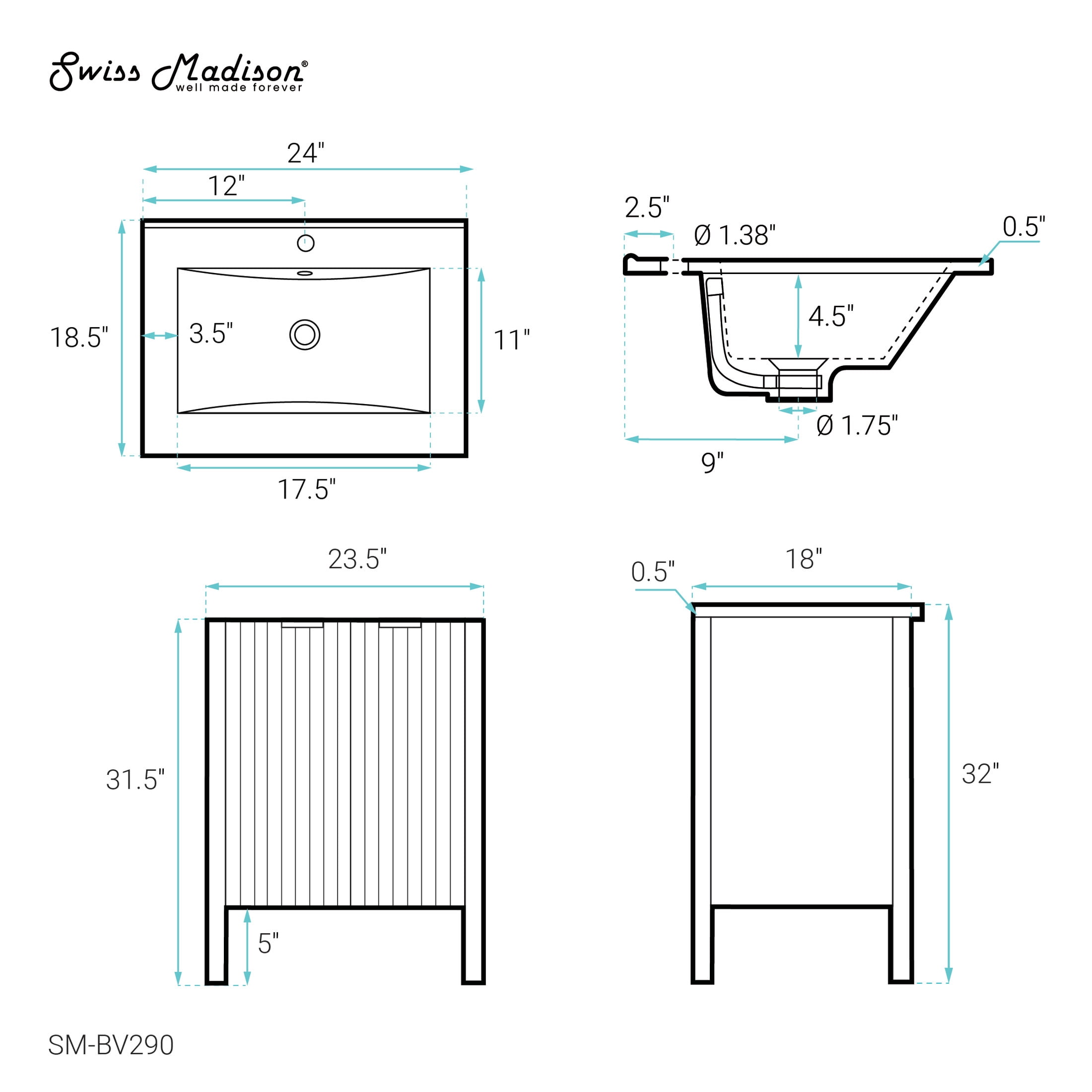 Bastille 24" Freestanding Bathroom Vanity in White with Sink Top