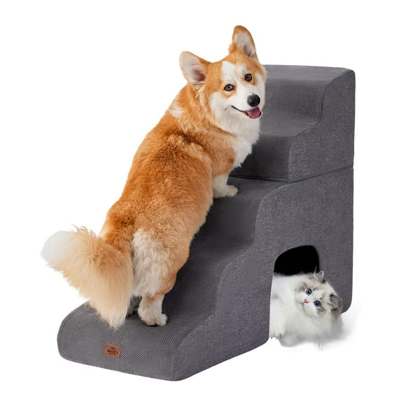 Rampa para escaleras para perros, para camas altas MASSFU, gris, curvada, 73 cm de alto