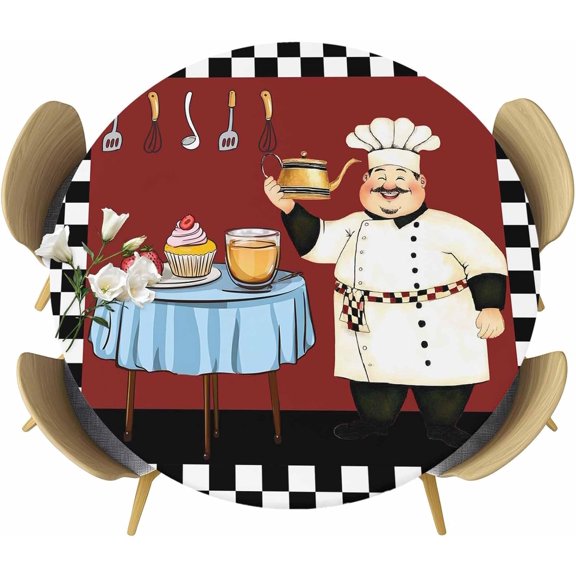 Fat Chef Round Tablecloth 36-44 Inch Round Fitted Table Cloth with Elastic Edge, Black White Checkered Farmhouse Red Kitchen Cook Waterproof Table Cover Protector for Outdoor Picnic Party Dining