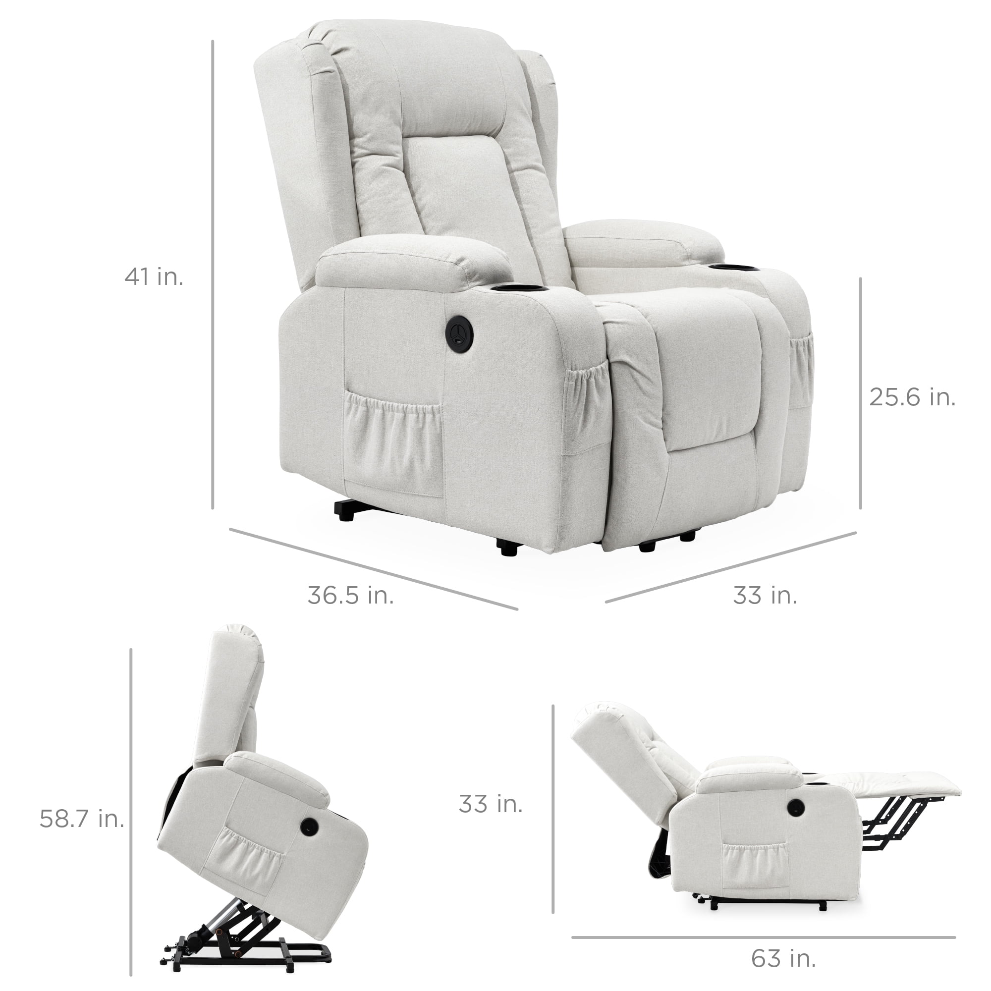 Best Choice Products Electric Power Lift Linen Recliner Massage Chair Furniture w/ USB Port, Heat, Cupholders - Ivory