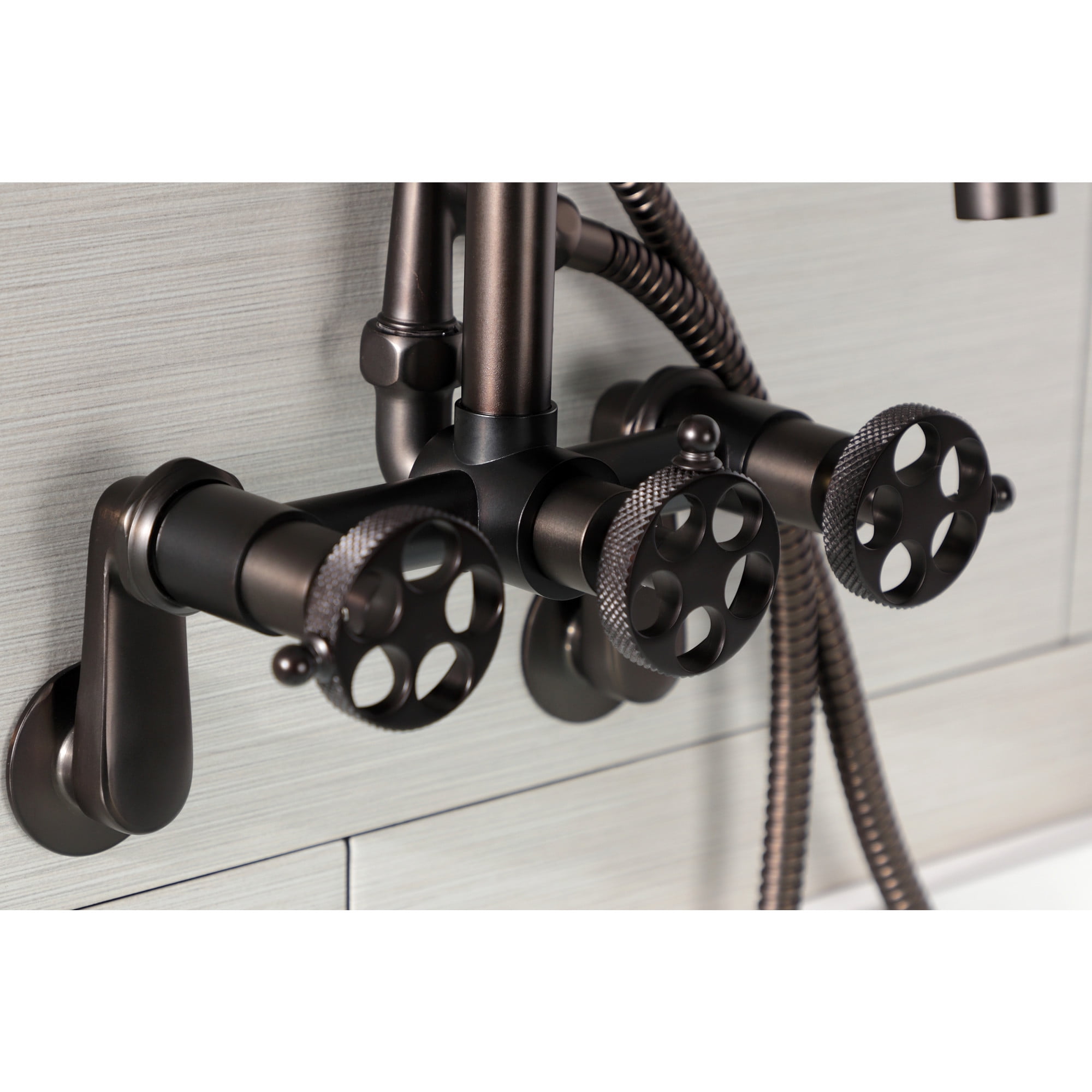 Kingston Brass AE8455RKX Webb 7-Inch Adjustable Wall Mount Clawfoot Tub Faucet with Knurled Handle and Hand Shower, Oil Rubbed Bronze