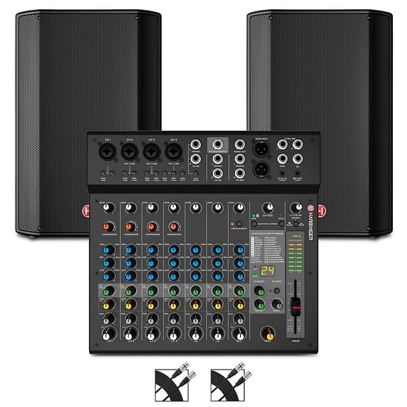 Harbinger VARI V1115 15" Powered Speakers Package With LX12 Mixer & Cables