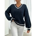 thumbnail image 4 of Luxurious Contrast Trim Cable Knit Sweater Flattering V-Neckline Dramatic Lantern, 4 of 7