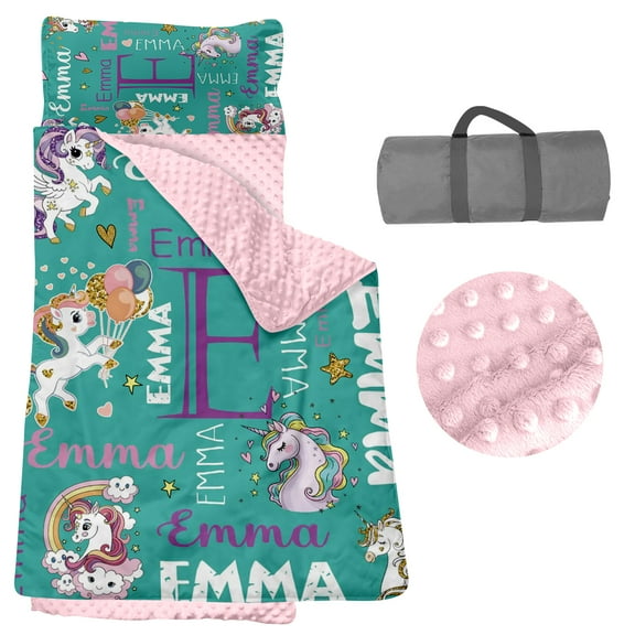 AOLOA Toddler Nap Mat, Personalized Name Horse Pattern Nap Mats for Daycare Preschool Kindergarten Sleeping Bag for Kids Girls Nap Mat with Pillow and Blanket Green