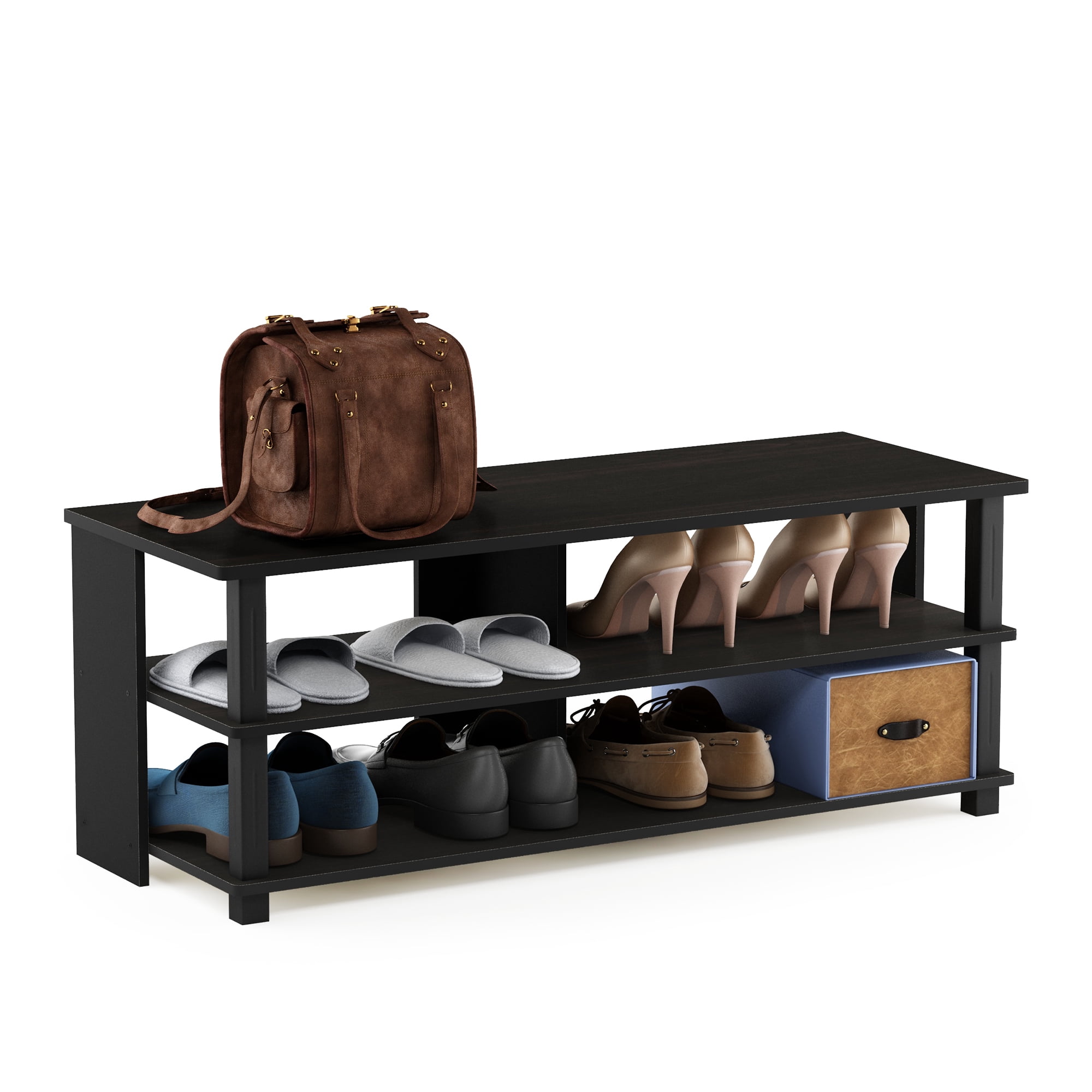 Furinno Turn-N-Tube 3-Tier Compact Open Storage Shoe Rack for Closet Entryway, Espresso/Black