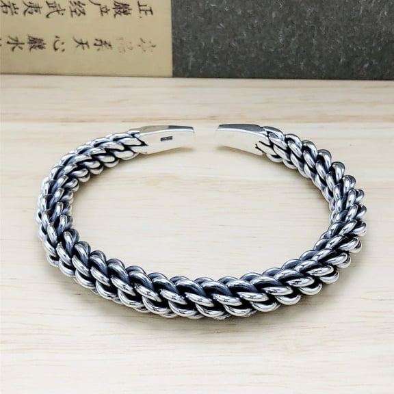 Hand Woven 999 Sterling Silver Bracelet for Men, Opening Fried Dough Twists Lovers Sterling Silver Vintage Bracelet