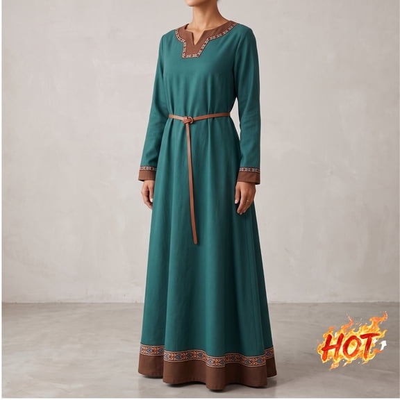 JOANKDMI Elegant Renaissance Peasant Dress Women Long with Waist Belt Classic Medieval Fairytale Gown for Theatrical Play and Vintage Halloween Party Costume