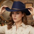 thumbnail image 5 of RUINIXCW Western Cowboy Cowgirl Hat for Women Men Wide Brim Pentagram Leather Belt Fedora Hat Wool Felt Vintage Jazz Hats, 5 of 7