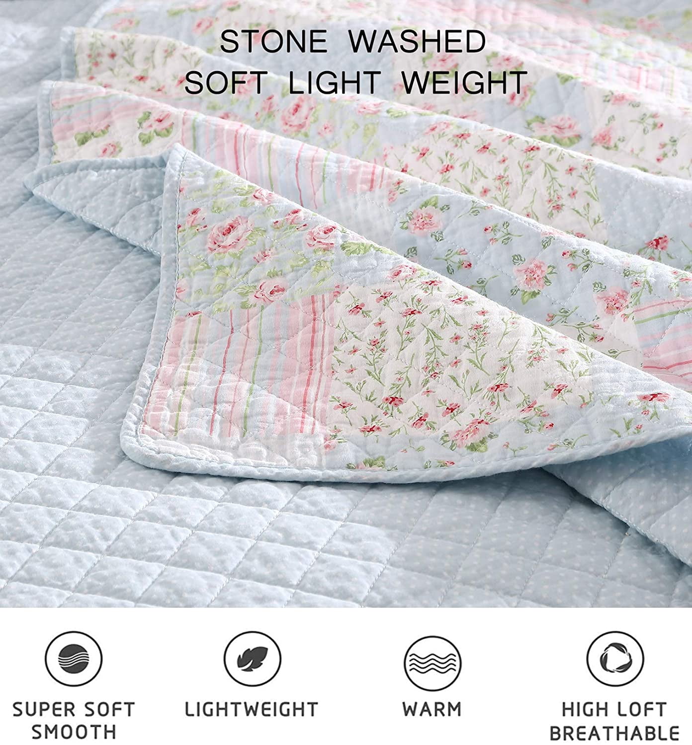 Chezmoi Collection Holly 2-Piece Stone-washed Cotton Quilt Set Twin Size - Printed Floral Patchwork Soft Breathable Lightweight Bedspread Set