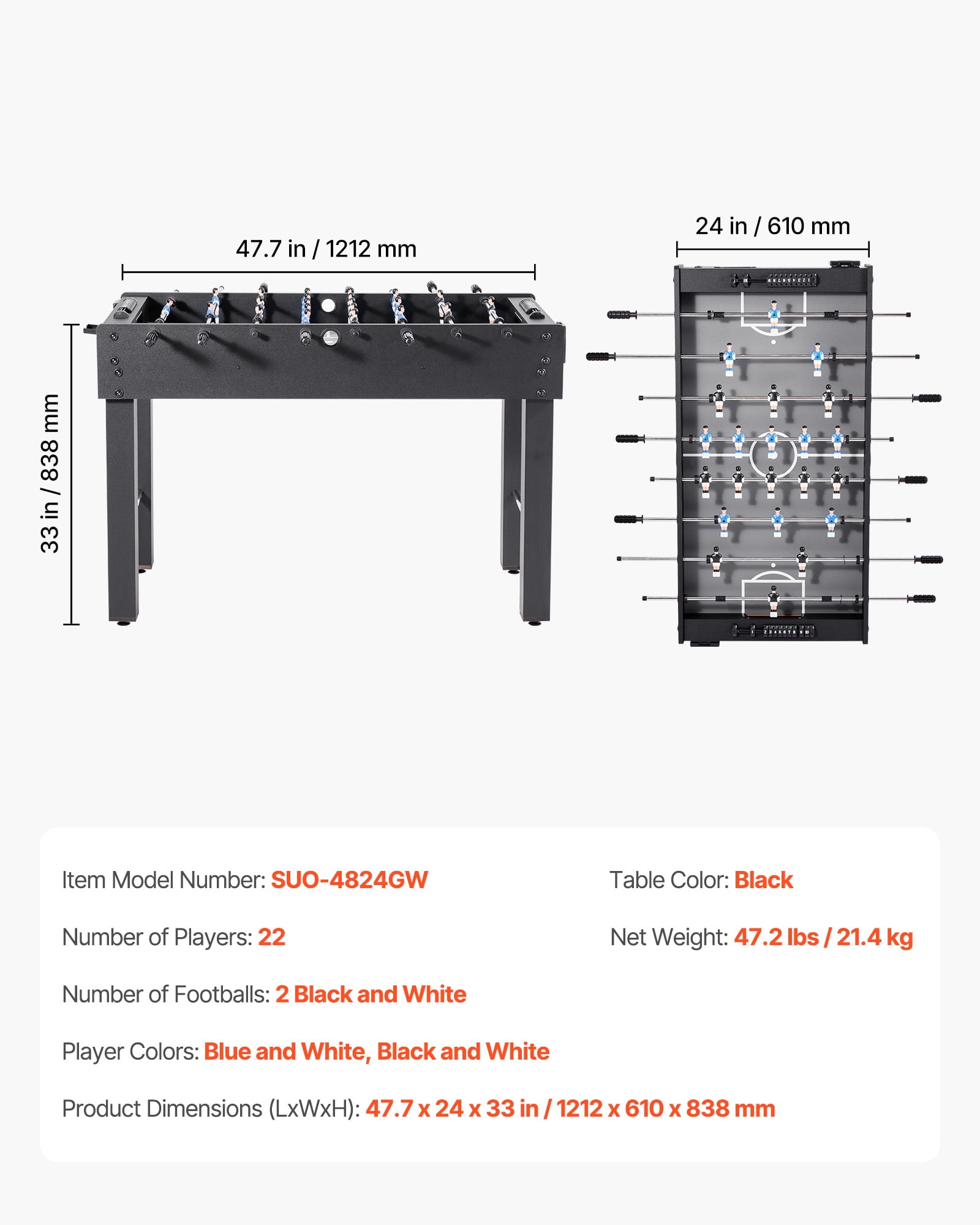 VEVOR Foosball Table, 48 inch Standard Size Table, Indoor Full Size Foosball Tables for Home, Family, and Game Room, Durable Soccer Set, Includes 2 Balls, Score Keeper, and 2 Cup Holders