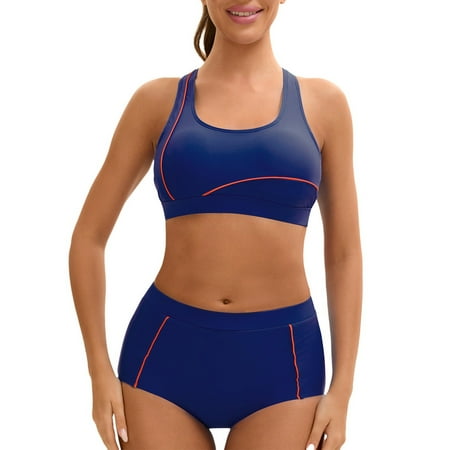 Ovticza Women s High Waisted Bikini Sets Sporty Two Piece Swimsuits Color Block Cheeky High Cut Bathing Suits Navy 2XL