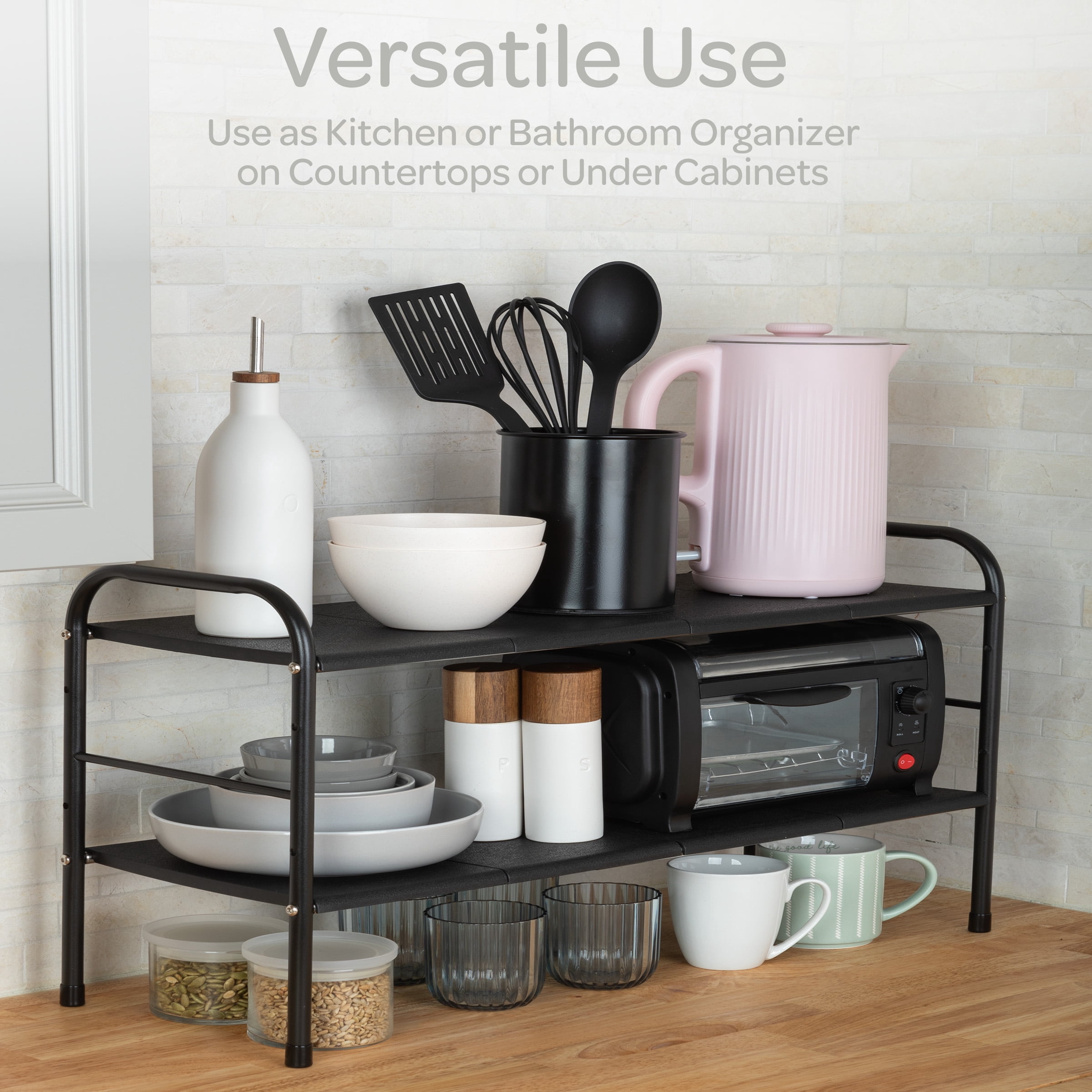 Home-Complete 2 Tier Under Sink Organizer with 8 Removable Panels (Black)