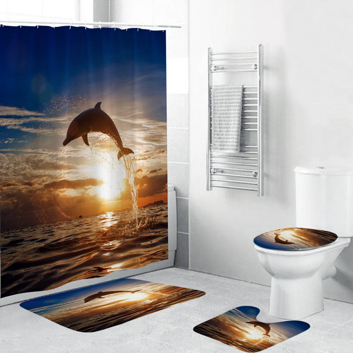 Ocean Rocks Scenic Shower Curtain Set Bathroom Mat Polyester Waterproof Fabric 