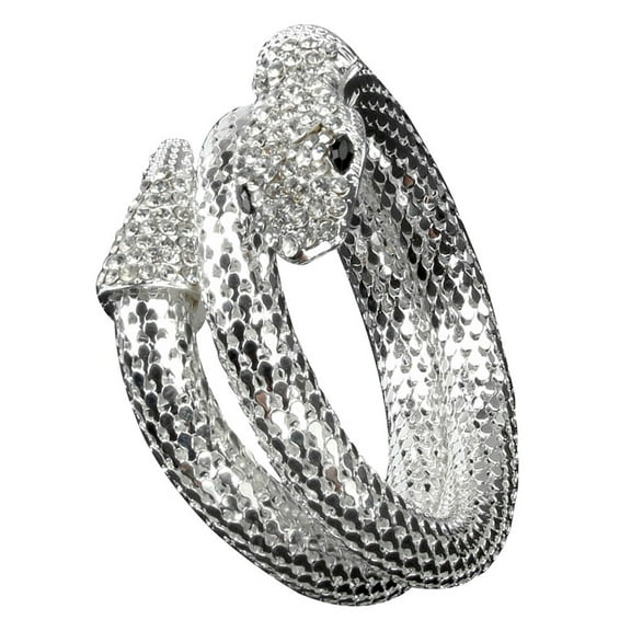 LEORX Adjustable Silver Snake Design Bangle Bracelet for Women with Rhinestone Decoration Fits All Wrist Sizes