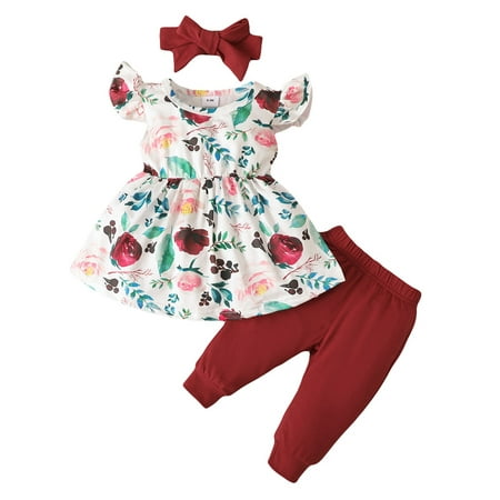 

Bagilaanoe 3pcs Baby Girl Long Pants Set Floral Print Fly Sleeve A-Line Dress Tops + Jogger Trousers + Headband 3M 6M 9M 12M 18M Infant Casual Outfits