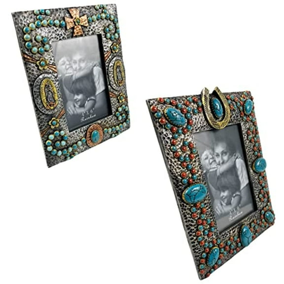 Urbalabs Western Horseshoe Virgin Mary Teal Pearl Teal Gem Cowboy Two Photo Frame Country Decor Picture Frame 4" x 6" Rustic Gifts Farmhouse Picture Frames Standing 4x6 Elaborate Picture Frame