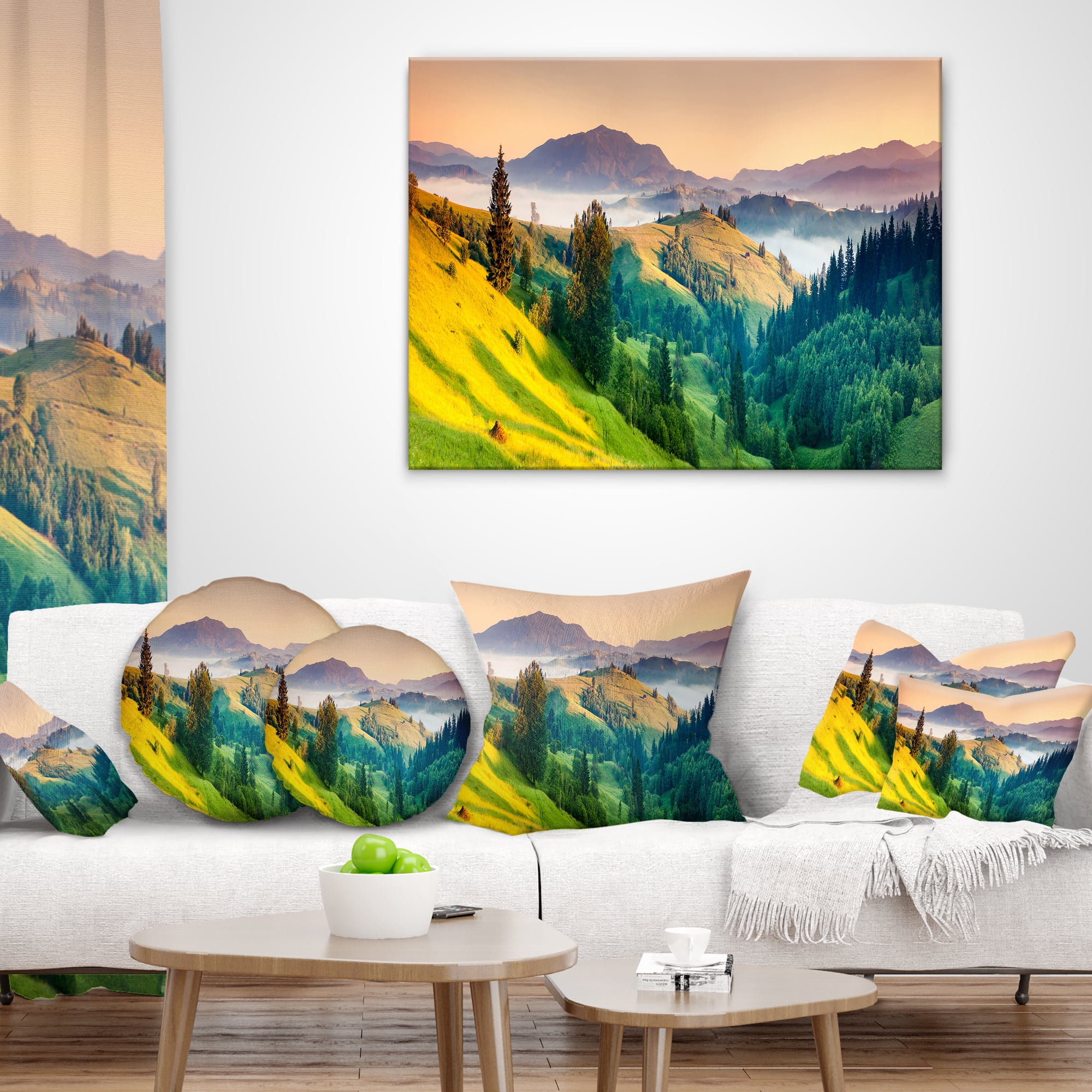 Designart Brightly Green and Blue Mountains - Landscape Printed Throw Pillow - 18x18