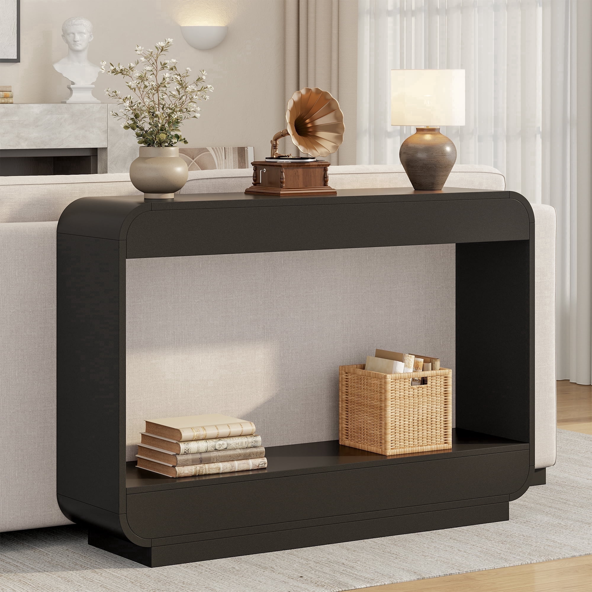 Aufeile 43" Console Table, Curved Entryway Table with Storage, 2-Tier Wood Sofa Table Behind the Couch, Narrow Entry Table for Hallway Foyer Entrance, Black