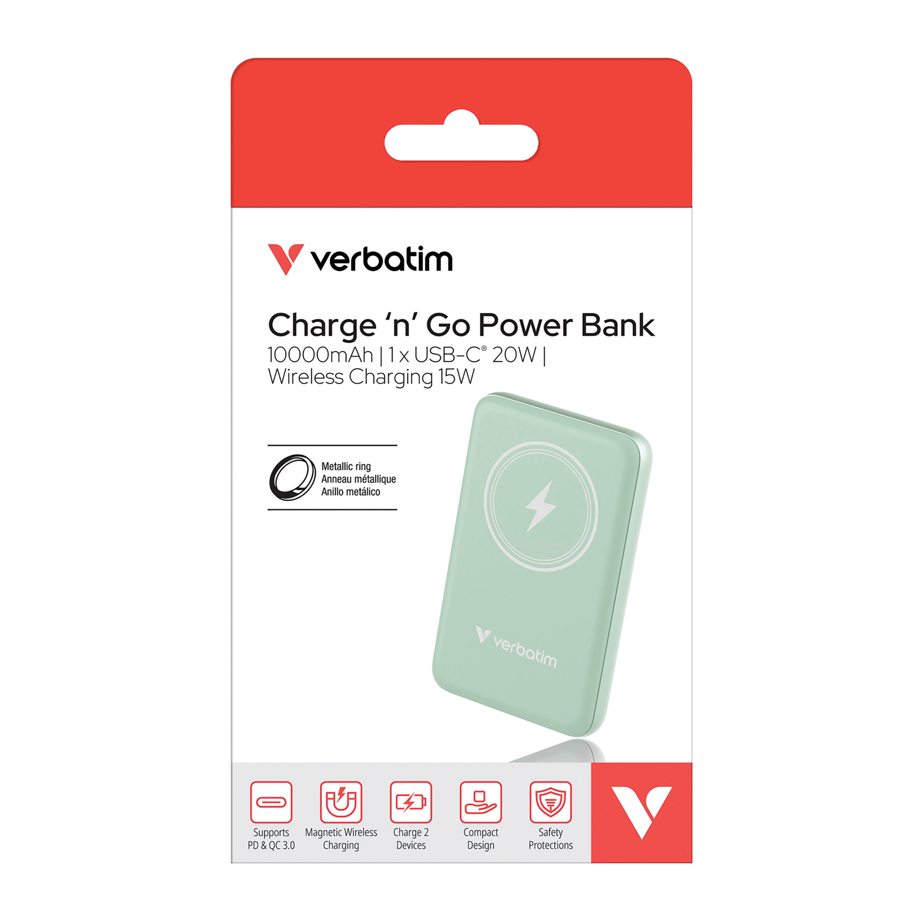 Verbatim Charge 'n' Go Magnetic Wireless Power Bank 10000 mAh - Green