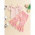 thumbnail image 3 of Aojekbee Kids Girl Summer Outfits Cold Shoulder Short Sleeves Button T-Shirt and Elastic Floral Flare Pants Cute 2 Piece Clothes, 3 of 10