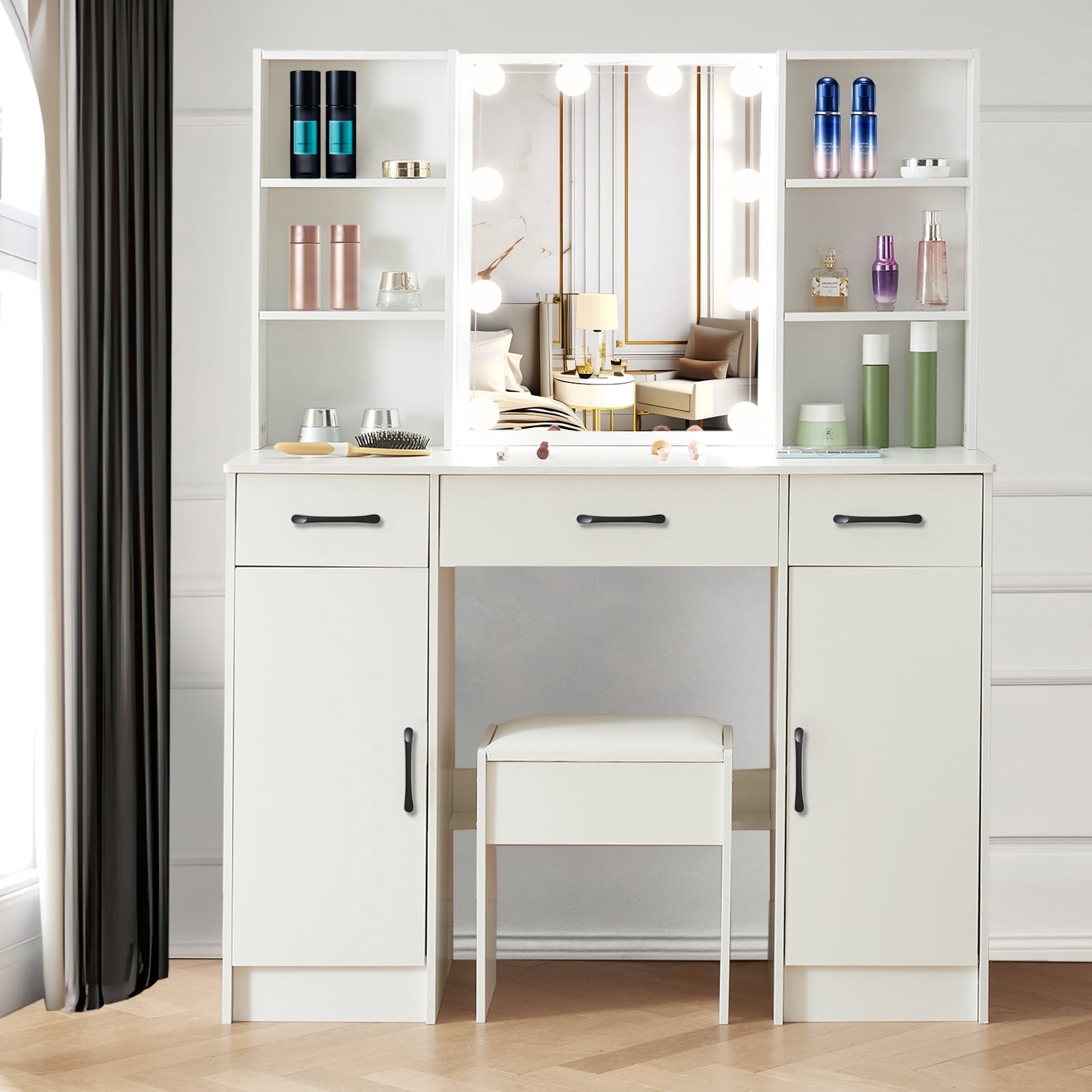 VOWNER 44" Makeup Vanity Desk With Lighted Mirror - 7 Drawers, Power Outlet/USB, 3-Light Mode, Includes Pink Stool - View #9