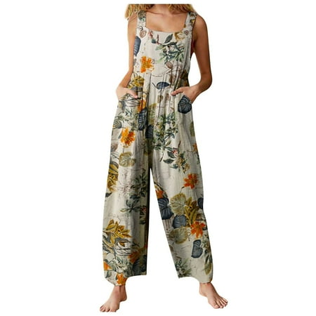 

REORIAFEE Womens Jogger Scrub Pants Landscape Floral Print Pocket Button Camisole Jumpsuit Yellow XL