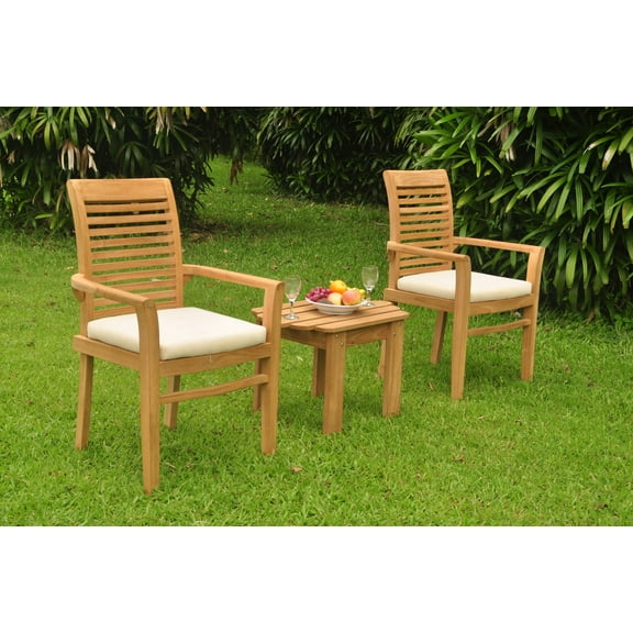Grade-A Teak Dining Set: 2 Seater 3 Pc: Adirondack Side Table And 2 Mas Stacking Arm Chairs Outdoor Patio WholesaleTeak #WMDSWVm