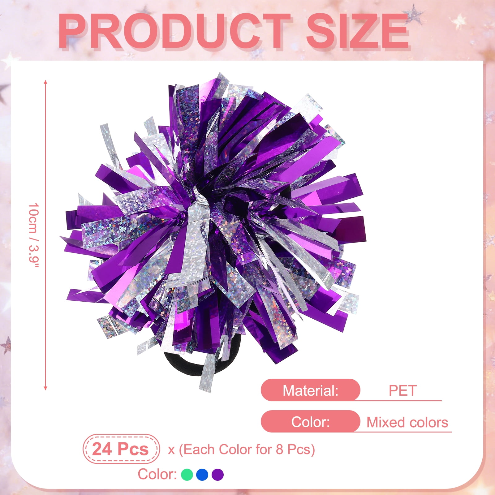 Uxcell 24 Pcs Cheerleading Pom Poms Hair Ropes for Basketball Game,Outdoor Activities, Blue, Green, Purple