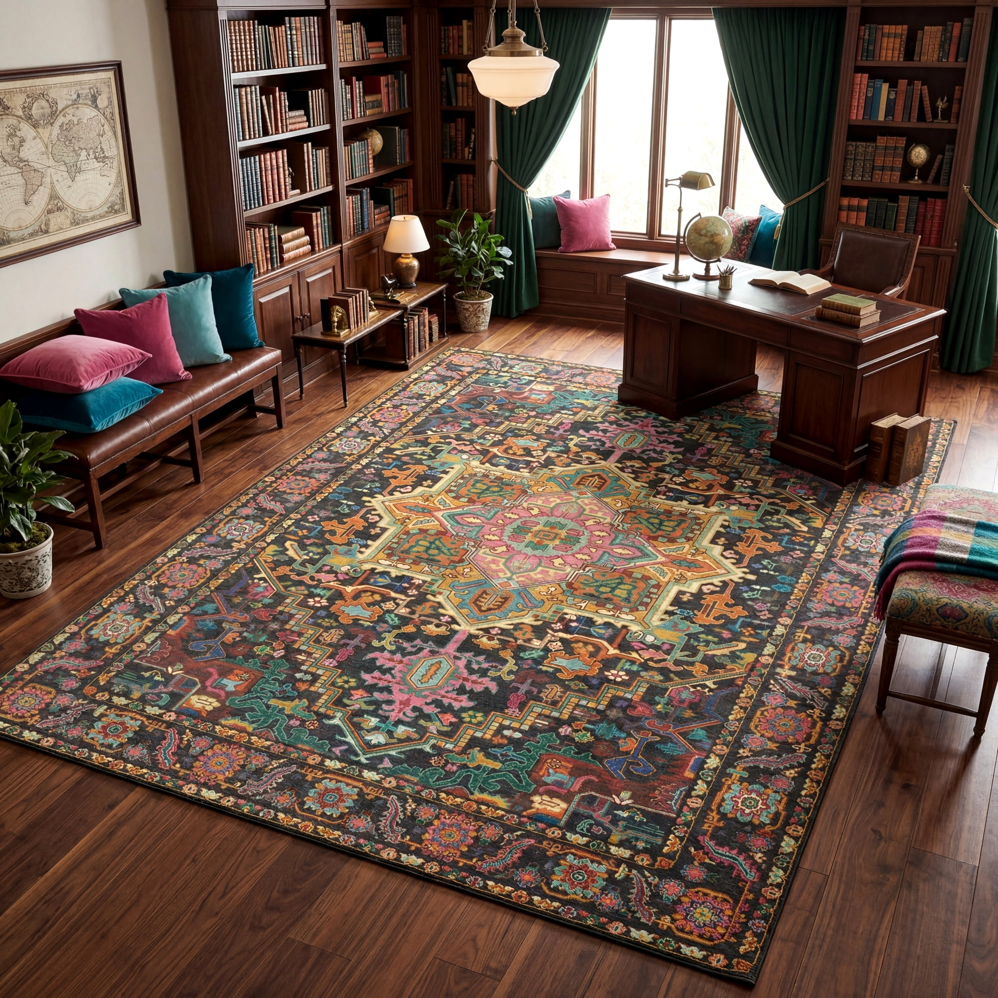 Kokia 6x9 Vintage Oriental Area Rug for living Room, Black and Pink Low Pile Stain Resistant Non-Slip Washable Rug for Bedroom with Distressed Medallion Pattern
