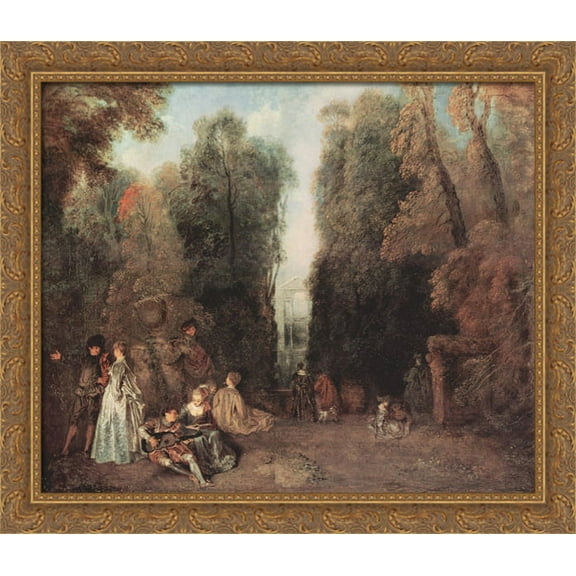 The view 32x28 Large Gold Ornate Wood Framed Canvas Art by Antoine Watteau