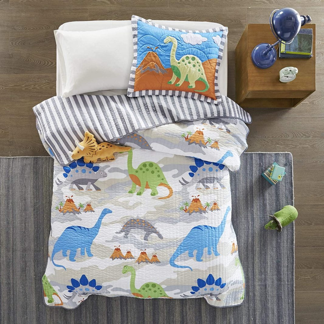 Little Foot Twin Bedding Sets Boys Quilt Set Grey, Blue, Orange , Dinosaur 3 Piece Kids