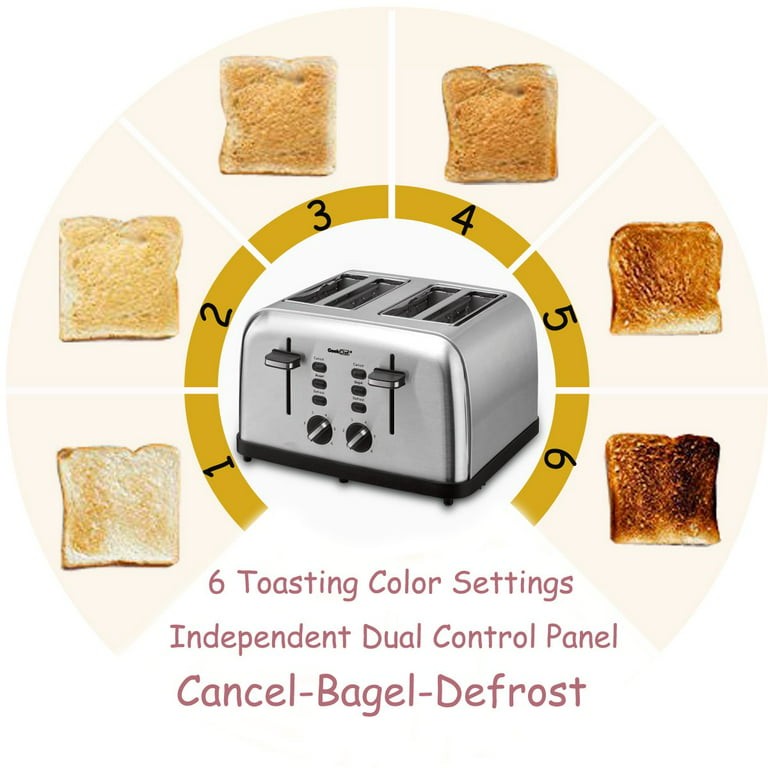 Toaster 4 Slice, Geek Chef Stainless Steel Extra-Wide Slot Toaster with  Dual Control Panels of Bagel/Defrost/Cancel Function, 6 Toasting Bread  Shade