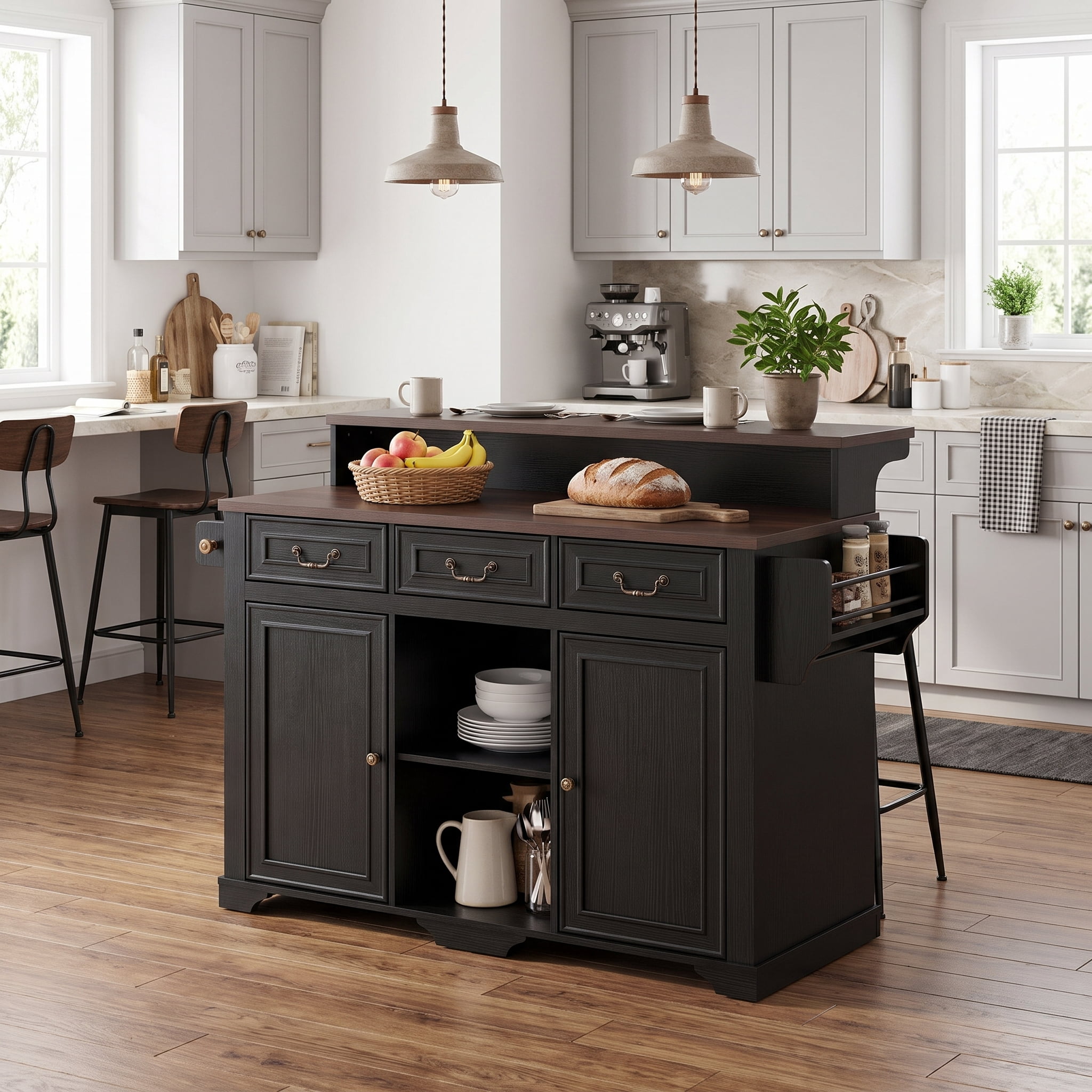 Homy Casa 52" Rolling Kitchen Island Cart with Power Outlet, Raised Bar, Drawers & Shelves, Black