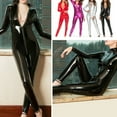 thumbnail image 4 of Women Solid Color Zipper Faux Patent Leather Jumpsuit Bodysuit Tight Clubwear, 4 of 7
