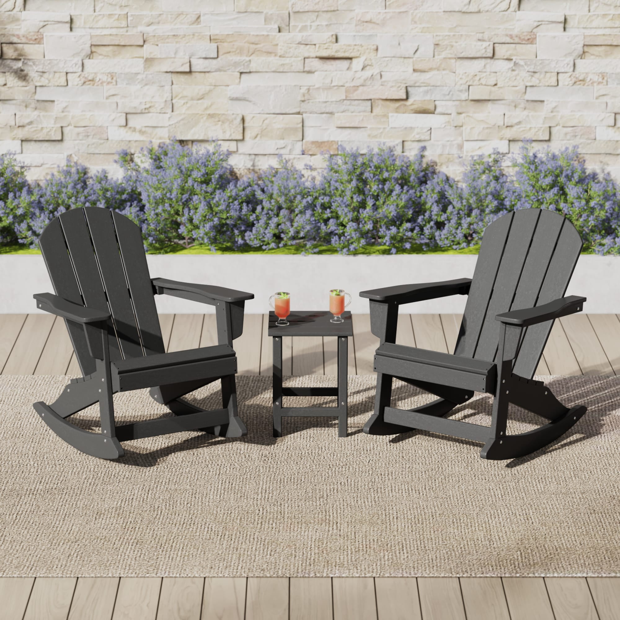 WestinTrends Malibu 3 Piece Outdoor Rocking Chair Set, All Weather Poly Lumber Porch Patio Adirondack Rocking Chair Set of 2 with Side Table, Gray