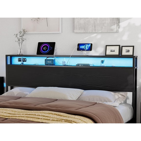 IKIFLY King Size Storage Headboard with LED Lights & Charging Station - Metal and Wood King Headboard Only for Bedroom, Attach Frame, Easy Assembly - Black
