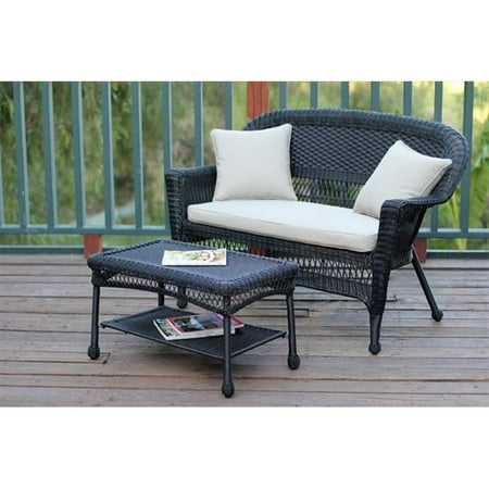 Jeco W00207-LCS006 Black Wicker Patio Love Seat And Coffee Table Set With Tan Cushion