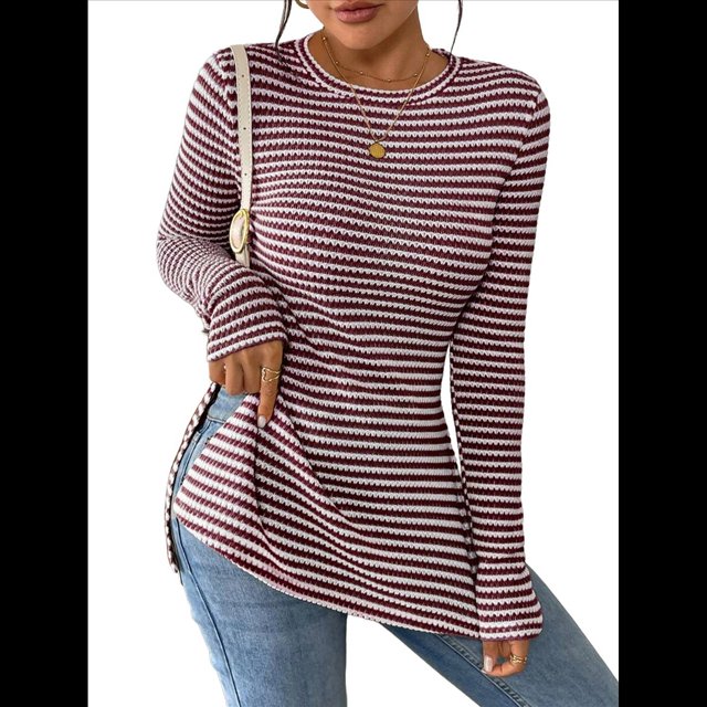 Camiseta de Larga A Rayas para Mujer, Cuello Redondo, Dobladillo con Abertura, Corte Entallado Vino Tinto L
