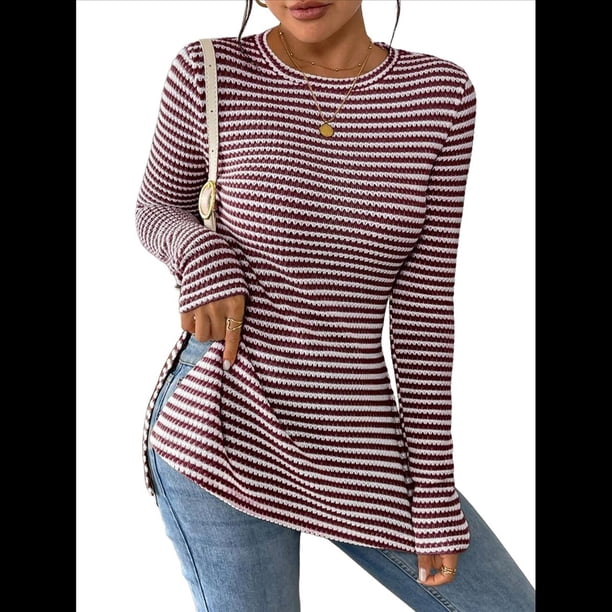 Camiseta de Larga A Rayas para Mujer, Cuello Redondo, Dobladillo con Abertura, Corte Entallado Vino Tinto L