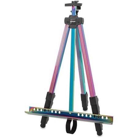 Iridescent Tripod Easel, Adjustable Aluminum Travel Easel with Bag, Table-Top Easel for Painting, Drawing, Display, Iridescent Finish, Extra Sturdy, Folding Design, Height from 18" to 69"$$Office