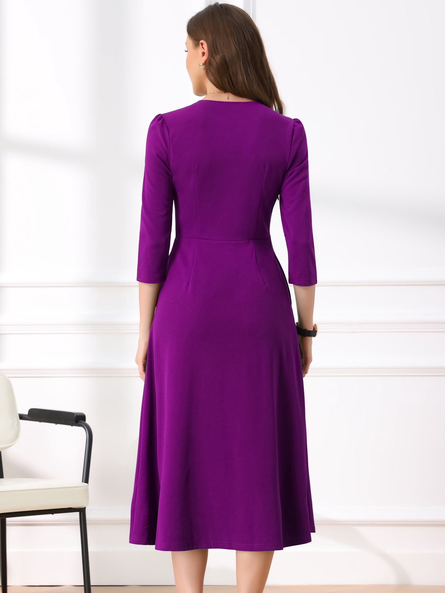 DARING DIVA Women's 3/4 Sleeve V Neck A-Line Midi Dress with Pockets M Dark Purple