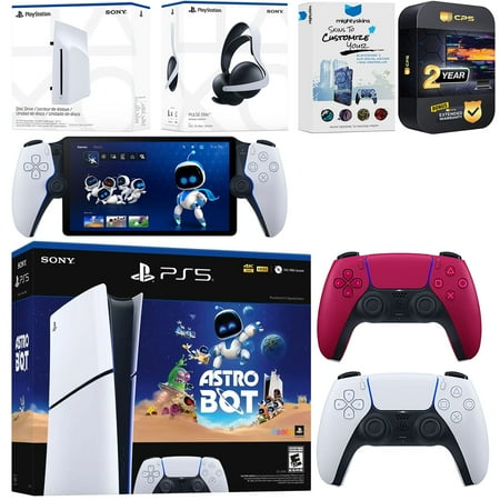 Sony PlayStation 5 Astro Bot Slim Digital Bundle with Disc Drive, Pulse Elite Headset, Extra Controller, PlayStation Portal, MightySkins Voucher and 2 Year Extended Warranty - Cosmic Red