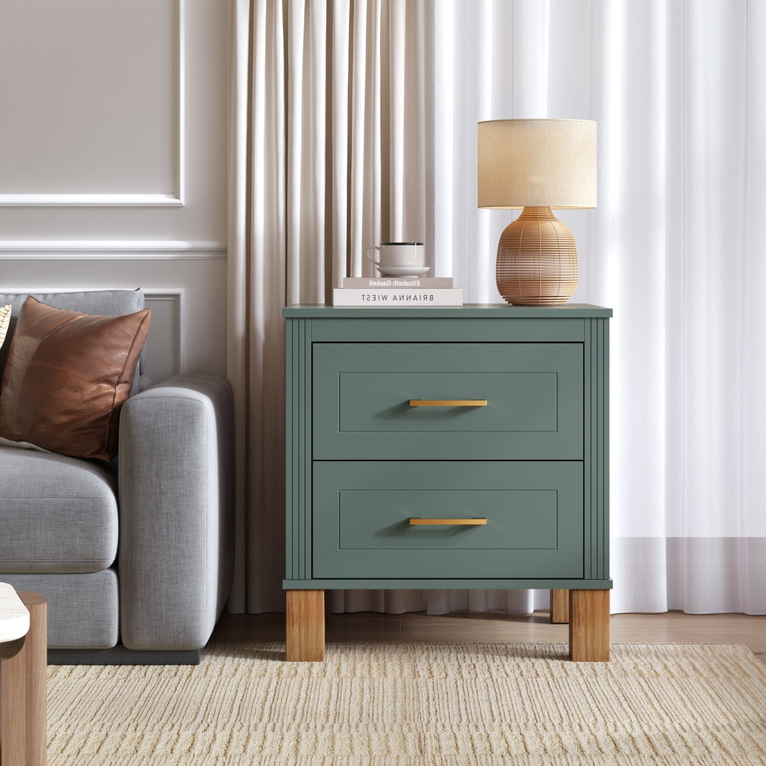 2 Drawer Nightstand with Solid Wood Legs, Fluted Bedside Table with Metal Handles, Tall Wood End Table Storage Cabinet for Bedroom, Living Room, Blue