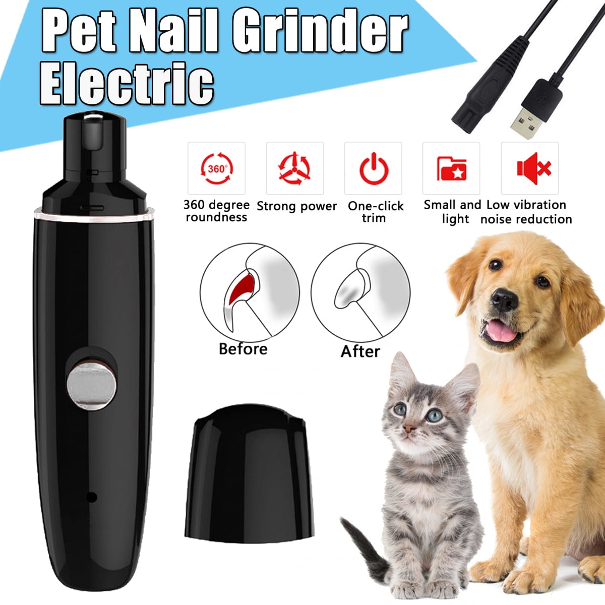 Black Electric Pet Nail Grinder, Nail Claw Grooming Grinder Trimmer