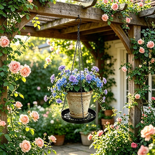 Aufmer Chain Matching Metal Openwork Hanging Flower Basket Stable Suspension Structure Elegant Hollow Design For Home Outdoor Courtyard Potted Plant Hanging Layout(9.84x0.98in)