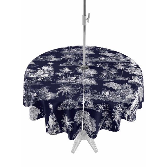 Outdoor Tablecloth with Umbrella Hole for Patio/Picnic/Party/Camping, Blue Elephant Waterproof Table Cloth Round Cover Washable, Farmhouse Retro Tropical Forest Trees Animals (Dia 60")